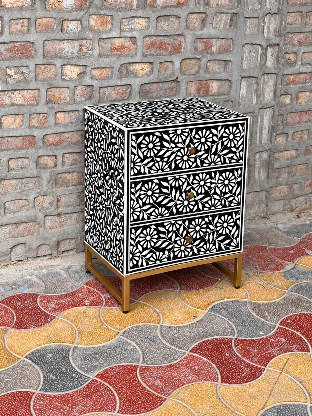 Handmade Black & White Bone Inlay Bedside Table – Floral 3 Drawer Nightstand with Brass Legs