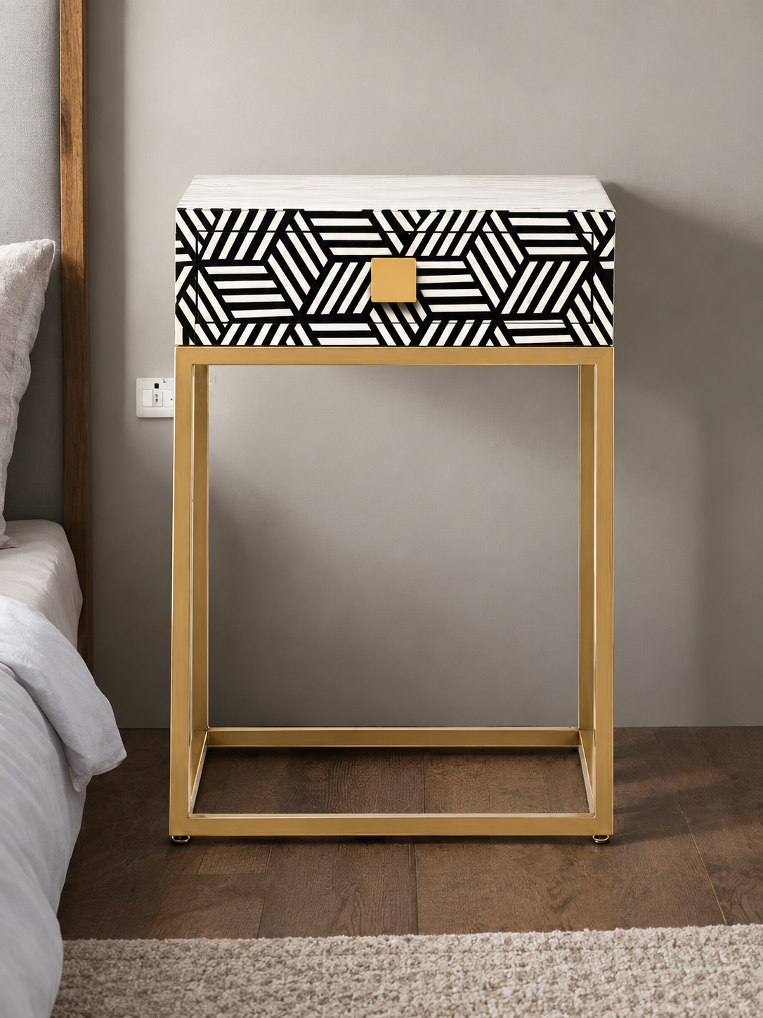 Handmade Black & White Bone Inlay Bedside Table – Geometric Design with Brass Iron Legs