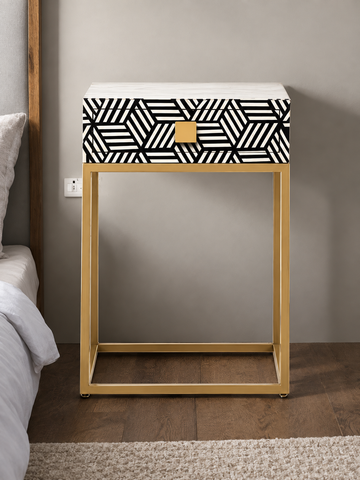 Handmade Black & White Bone Inlay Bedside Table – Geometric Design with Brass Iron Legs