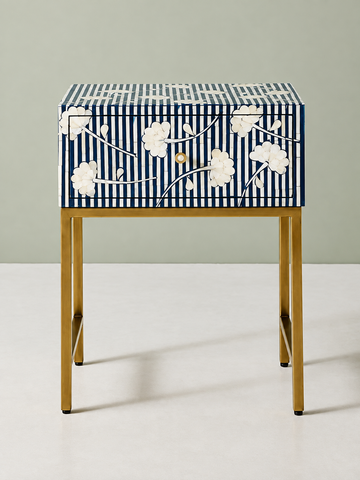 Handmade Blue & White Bone Inlay Bedside Table – Floral Design with Brass Legs