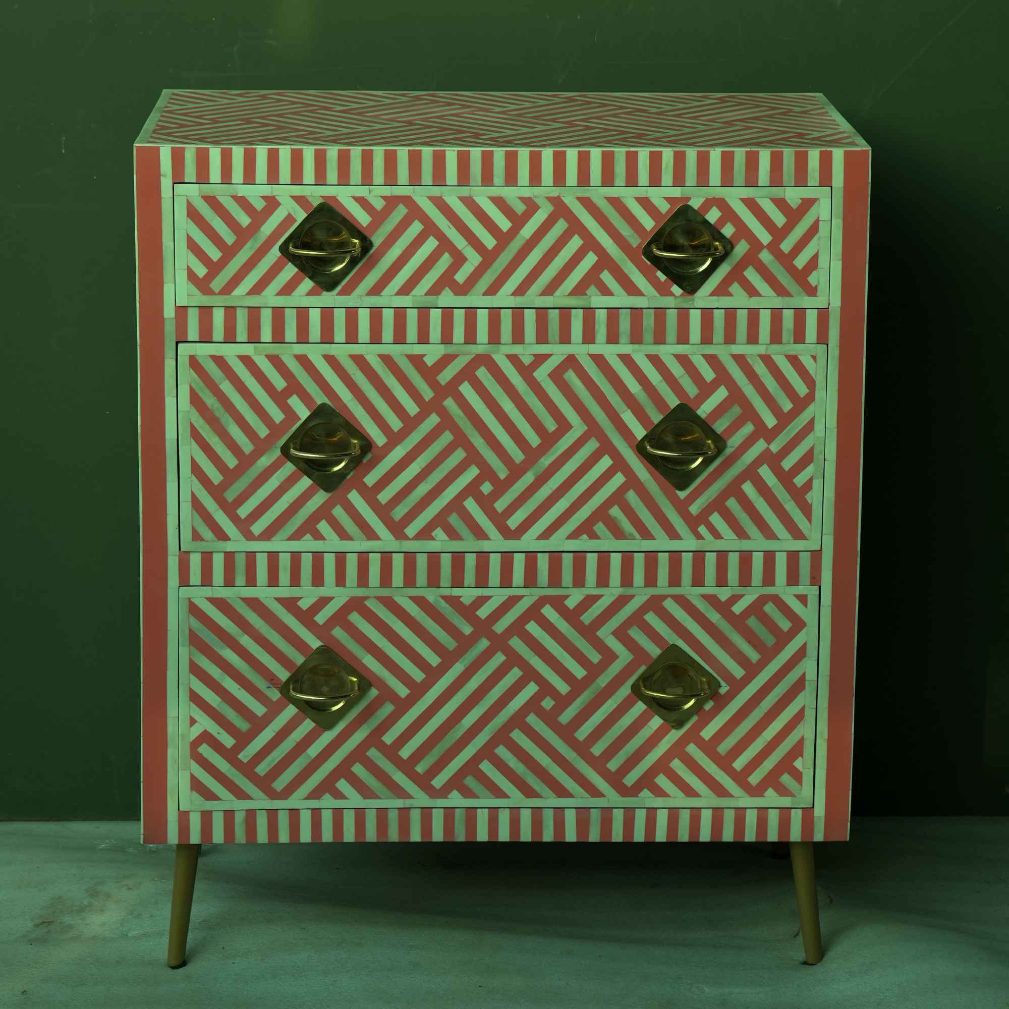 Handmade Pink Bone Inlay Chest of Drawers | Geometric 3 Drawer Dresser