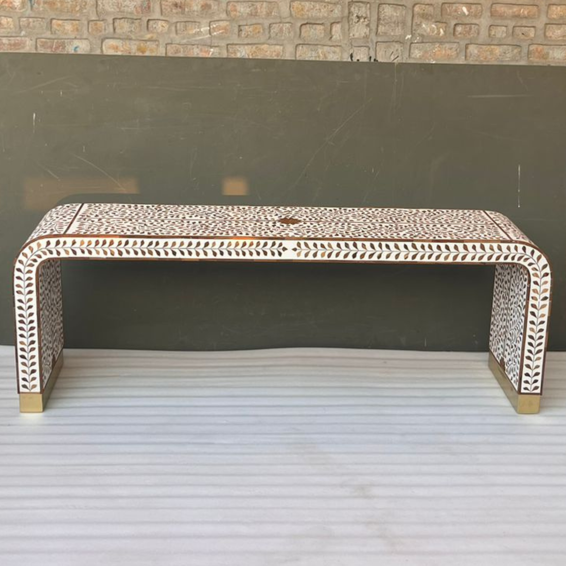 Handmade Bone Inlay Floral Console Table – White Wooden Entryway Table, Luxury Hallway Furniture, Artisan Inlay Table