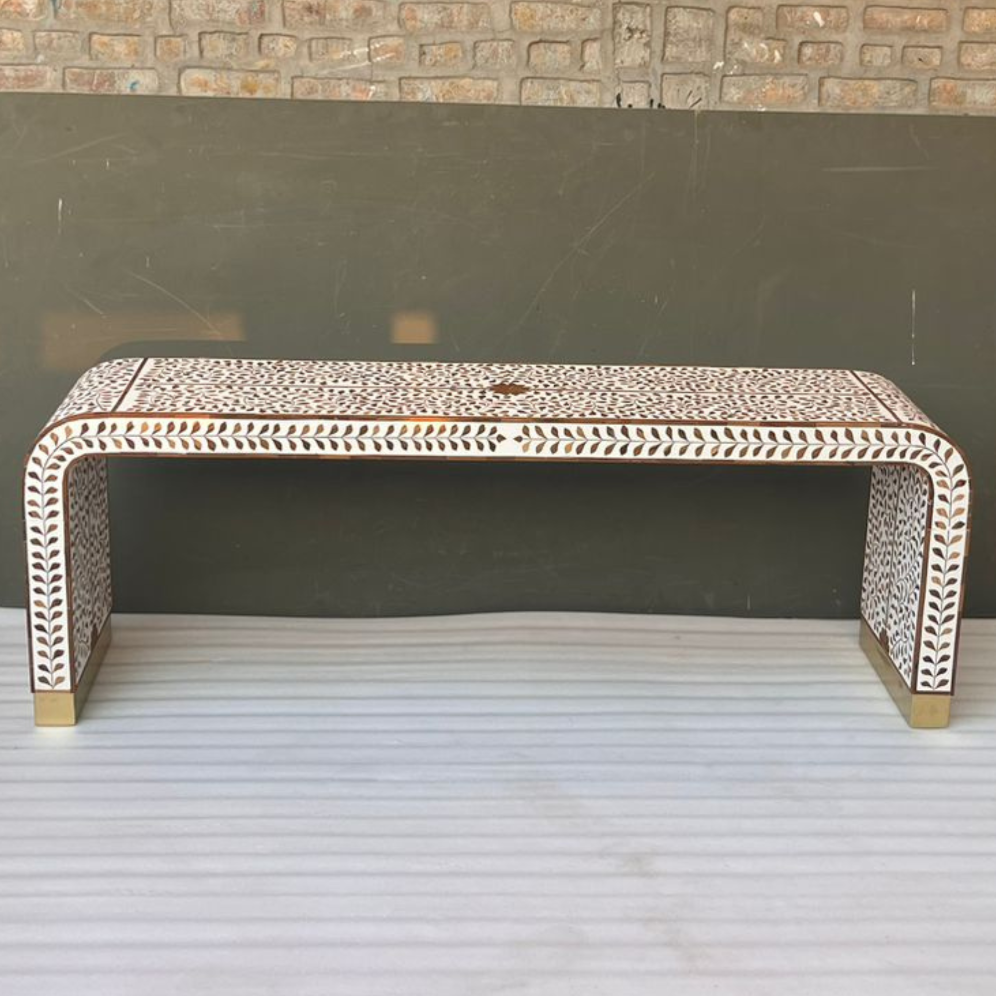 Handmade Bone Inlay Floral Console Table – White Wooden Entryway Table, Luxury Hallway Furniture, Artisan Inlay Table