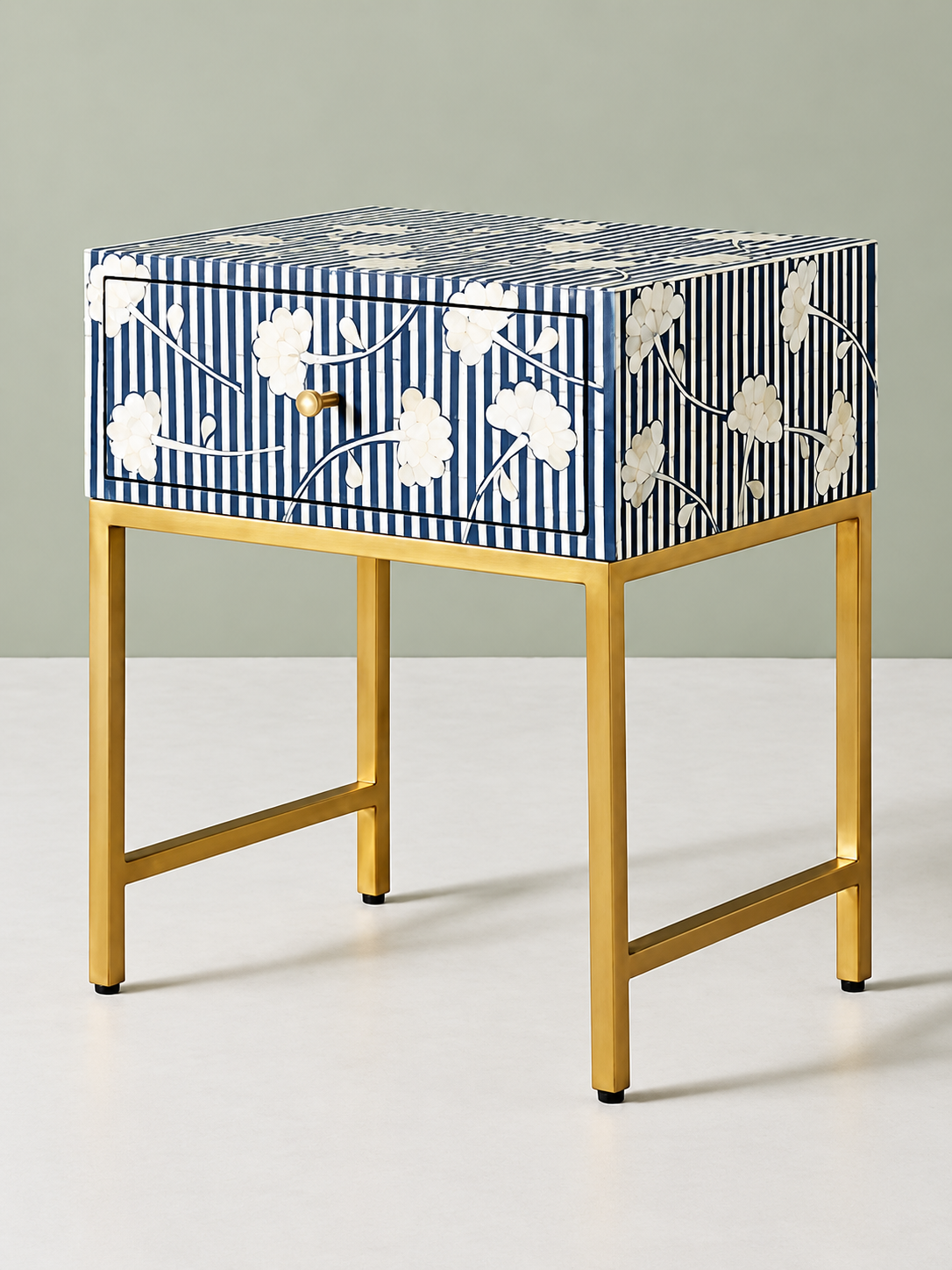Handmade Blue & White Bone Inlay Bedside Table – Floral Design with Brass Legs