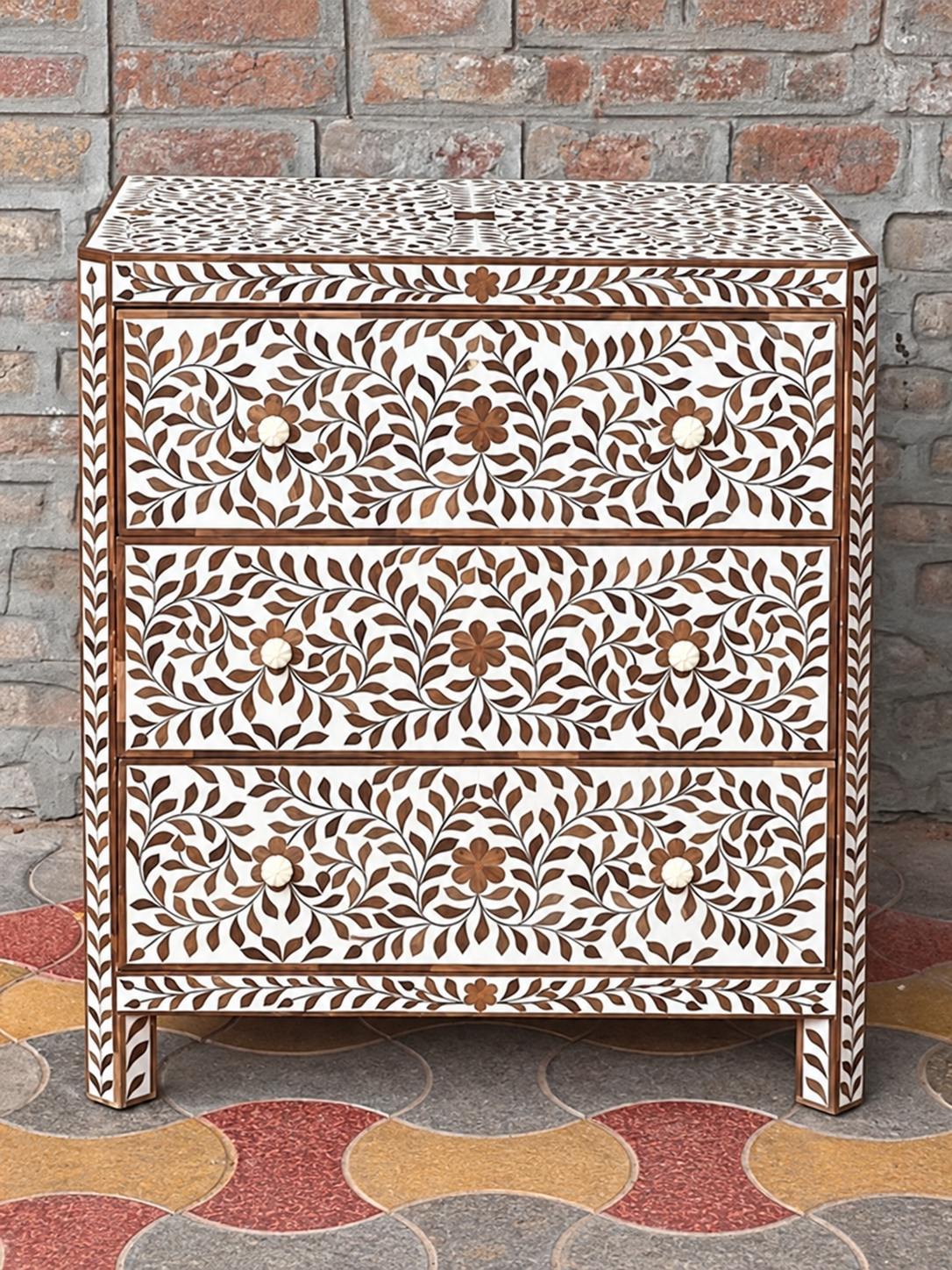 Handmade Brown & White Bone Inlay Chest of Drawers – Floral 3 Drawer Storage Cabinet