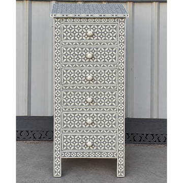 Handmade Grey Bone Inlay 6 Drawer Tallboy Chest – Geometric Design