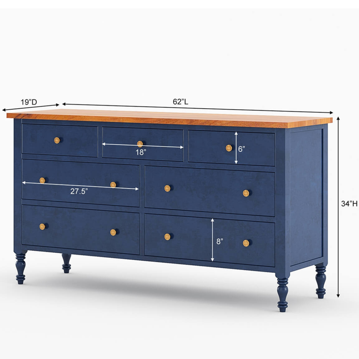 Blue Solid Wood 7 Drawer Dresser, Handmade Wooden Sideboard, Two Tone Storage Cabinet, Luxury Bedroom Furniture, Modern Classic Console