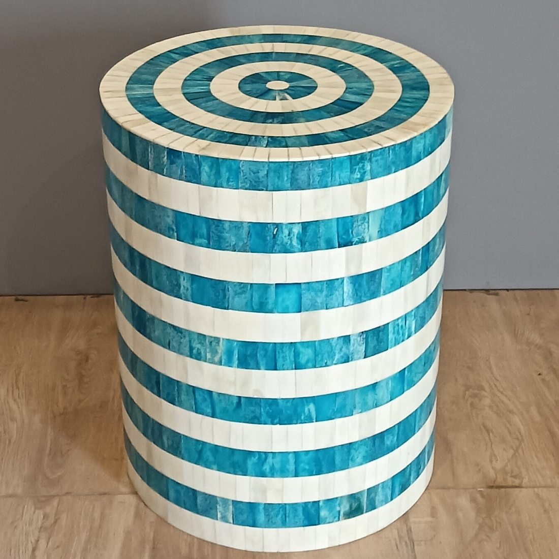 Handmade Bone Inlay End Table – Blue White Striped Side Table, Round Accent Table, Luxury Inlay Furniture, Modern Living Room Decor