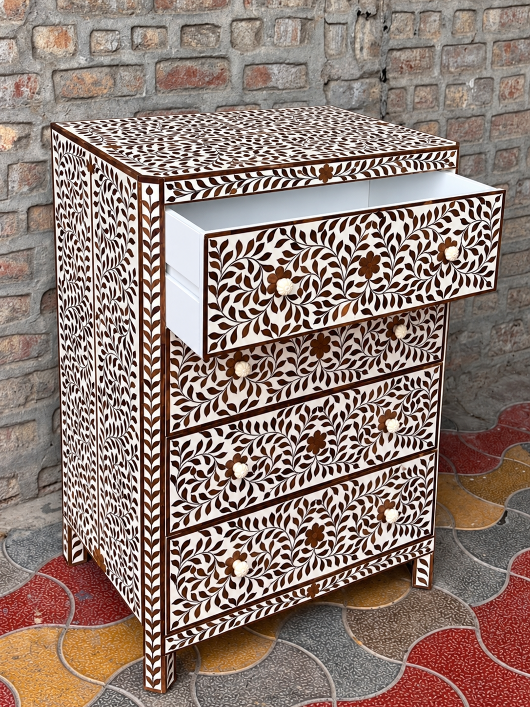 Handmade Brown & White Bone Inlay Chest of Drawers – Floral 3 Drawer Storage Cabinet