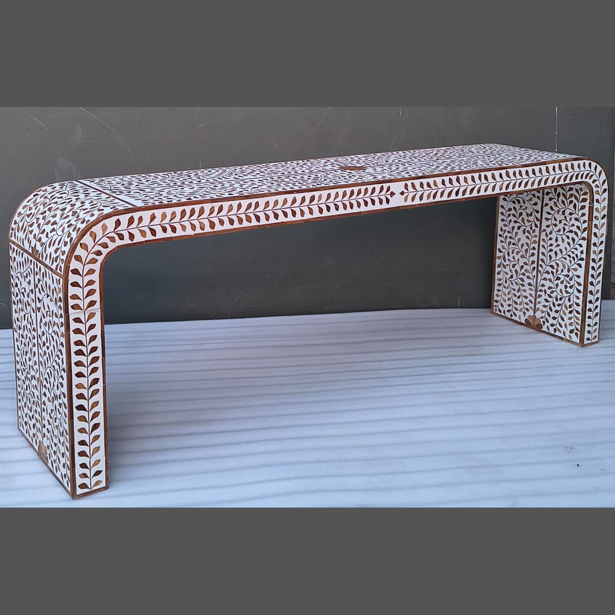 Handmade Bone Inlay Floral Console Table – Natural Wood Entryway Table, Luxury Hallway Table, Artisan Inlay Furniture