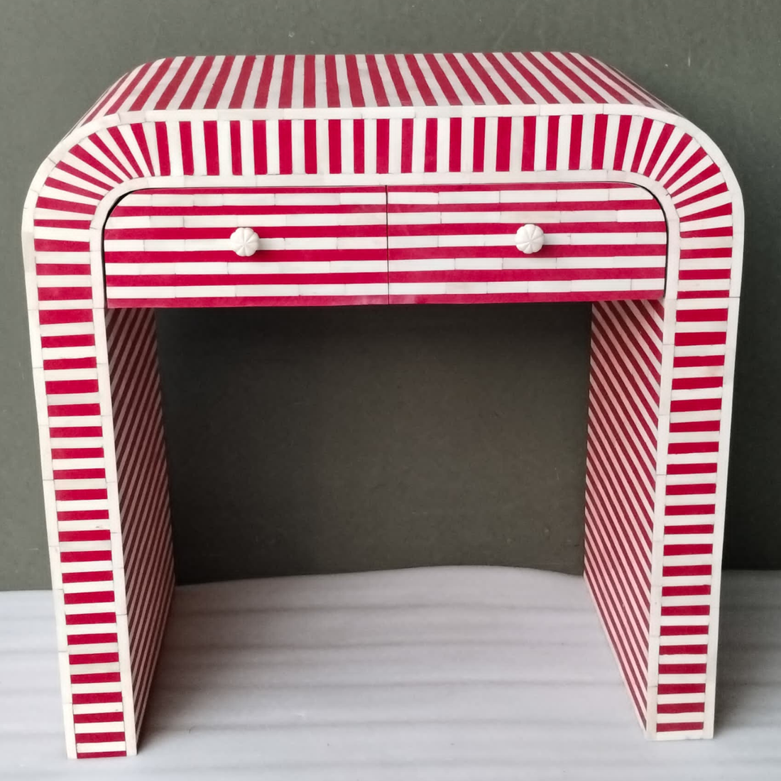 Handmade Bone Inlay Console Table – Red White Striped Entryway Table, Modern Hallway Table, Luxury Inlay Furniture