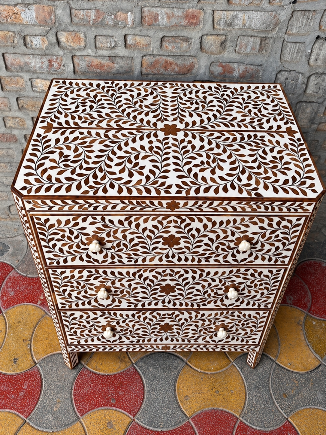 Handmade Brown & White Bone Inlay Chest of Drawers – Floral 3 Drawer Storage Cabinet