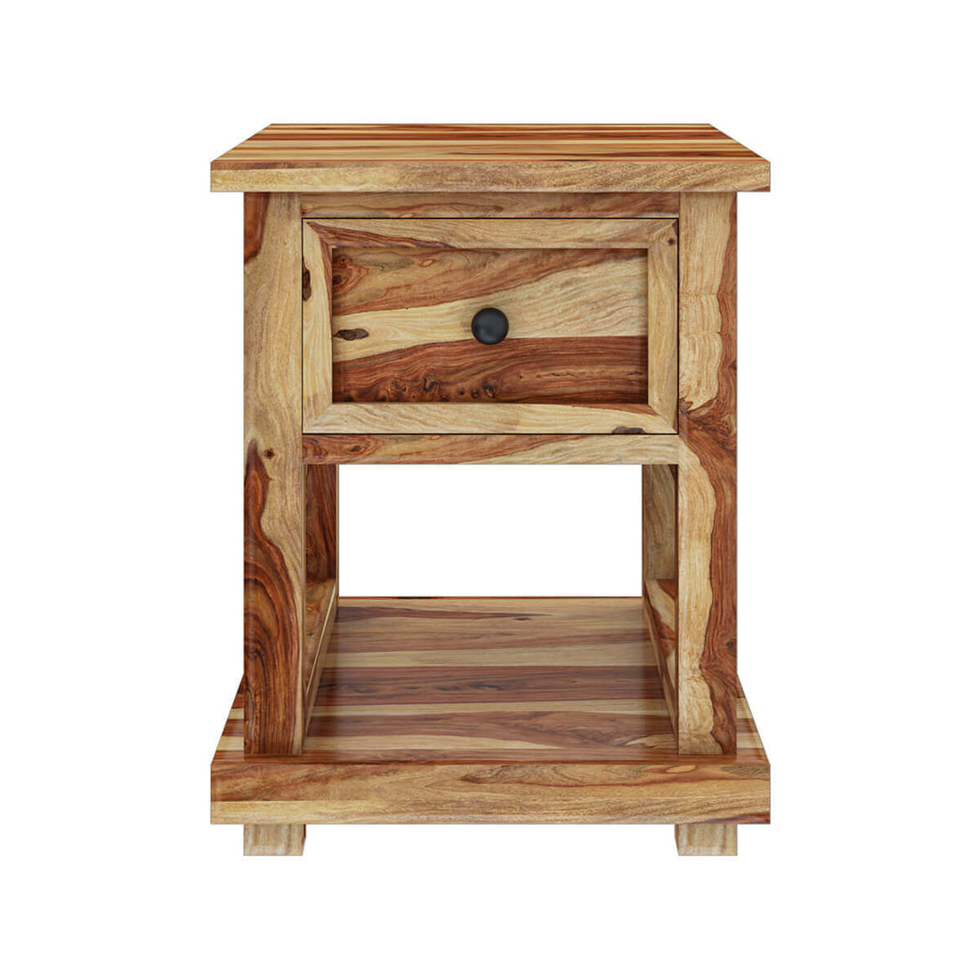 Solid Wood Bedside Table with Drawer & Open Shelf | Rustic Natural Wood Nightstand | Modern Bedroom Side Table