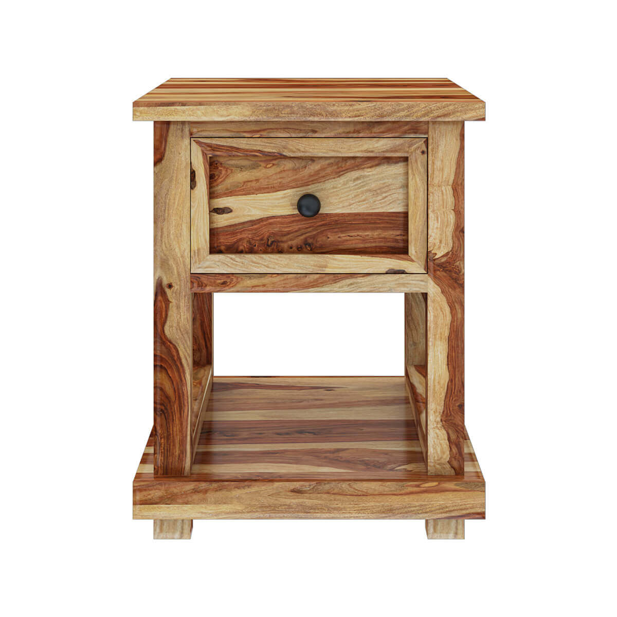 Solid Wood Bedside Table with Drawer & Open Shelf | Rustic Natural Wood Nightstand | Modern Bedroom Side Table