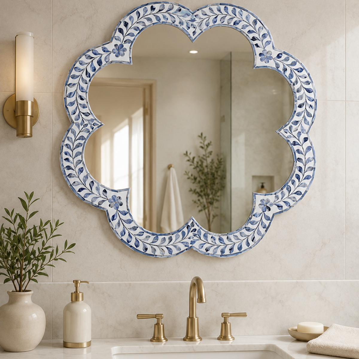 Blue Floral Bone Inlay Mirror | Handmade Moroccan Wall Mirror
