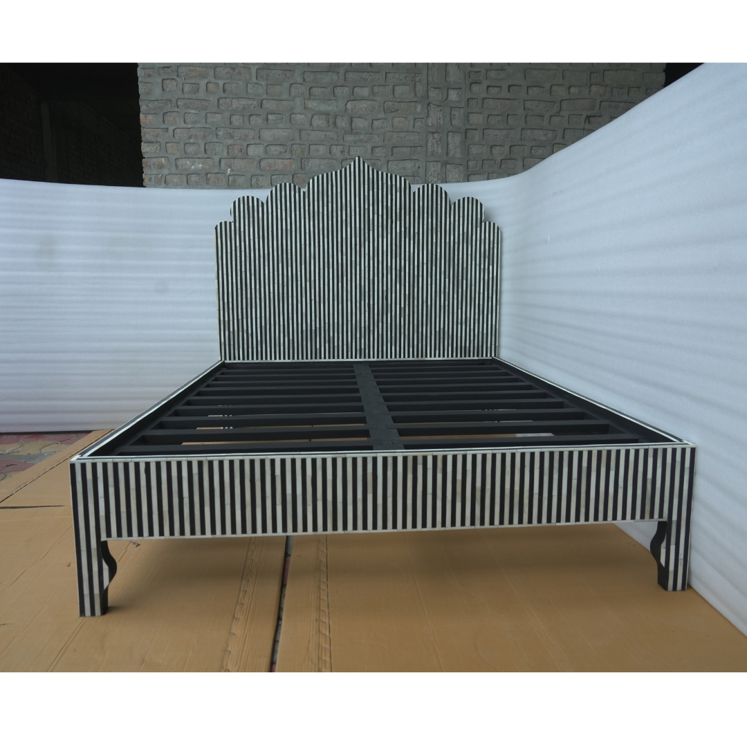 Black White Stripe Bone Inlay Bed Scalloped Headboard Handmade Modern Luxury Bed Frame Platform Bed Custom Size Furniture