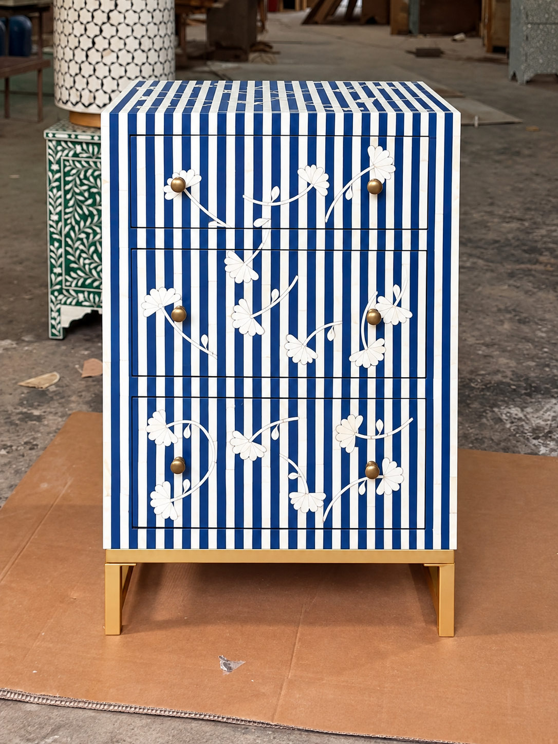 Handmade Blue & White Bone Inlay Chest of Drawers – Striped Floral 3 Drawer Cabinet with Brass Legs