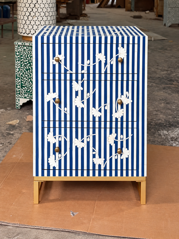 Handmade Blue & White Bone Inlay Chest of Drawers – Striped Floral 3 Drawer Cabinet with Brass Legs