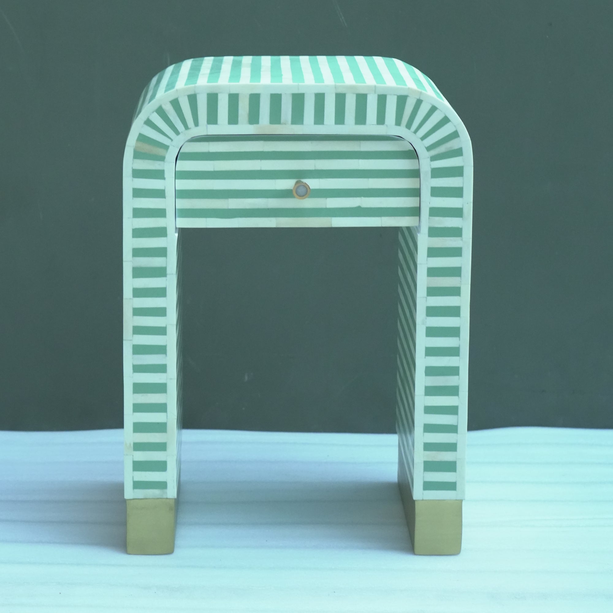 Handmade Bone Inlay Striped Bedside Table Mint Green – Modern Nightstand with Drawer Luxury Furniture