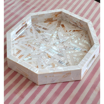 Handmade Mother of Pearl Inlay Octagonal Serving Tray – White Geometric Decorative Tray