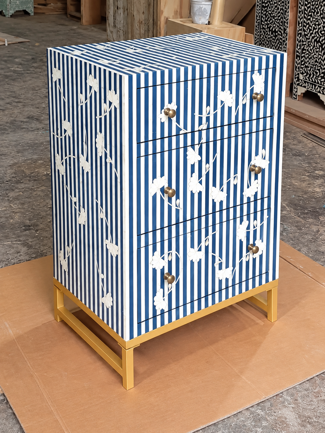 Handmade Blue & White Bone Inlay Chest of Drawers – Striped Floral 3 Drawer Cabinet with Brass Legs