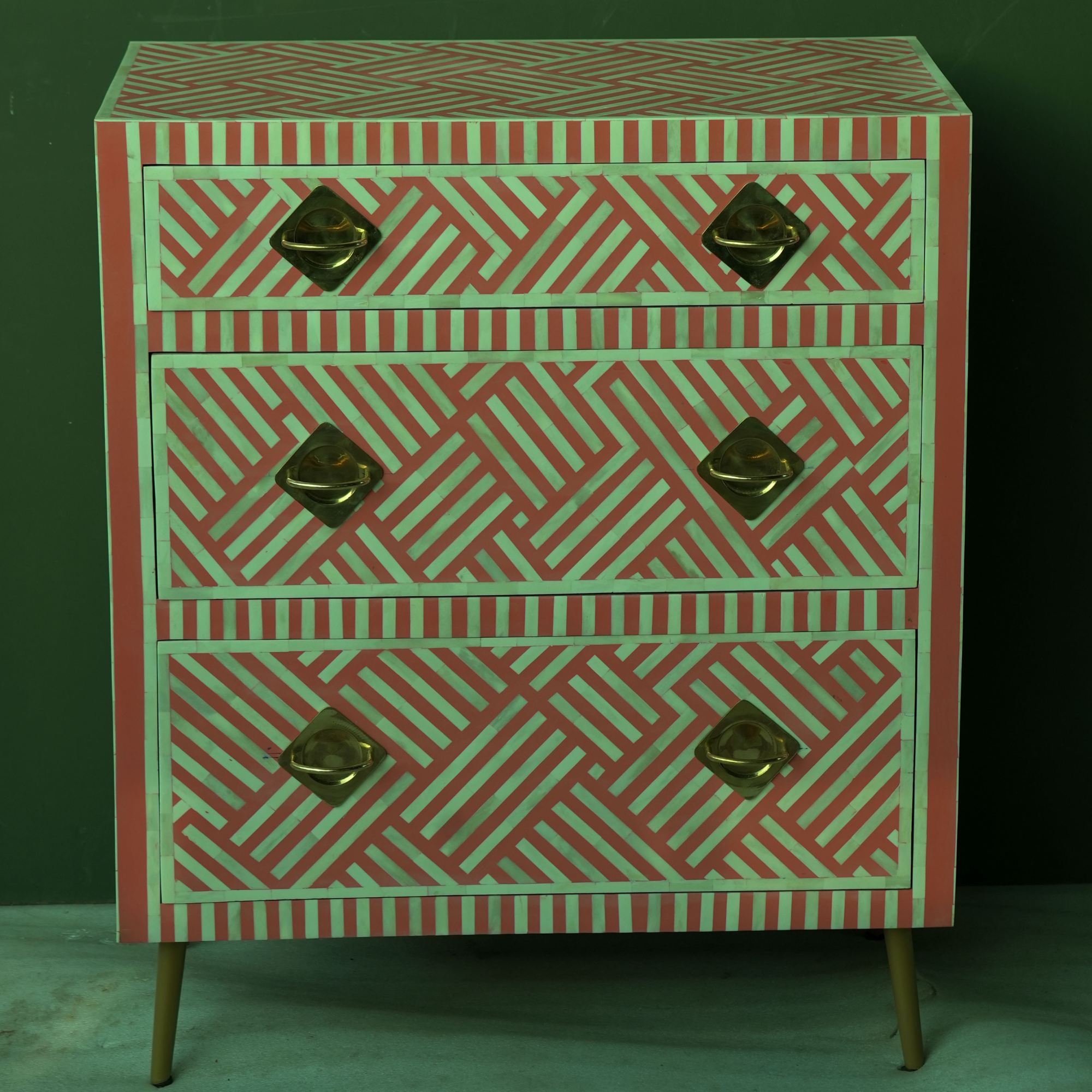 Handmade Bone Inlay Geometric Chest of Drawers Pink Coral – 3 Drawer Storage Cabinet Modern Luxury Furniture