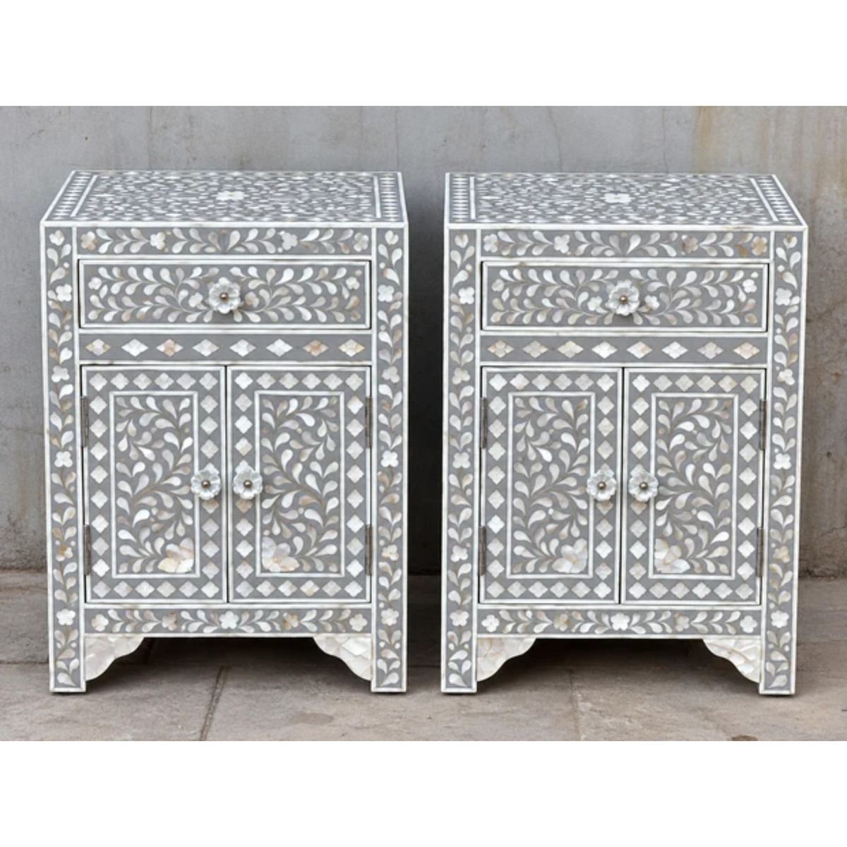 Set of 2 Grey Mother of Pearl Inlay Bedside Tables – Handmade Floral Nightstands with Drawer & Cabinet