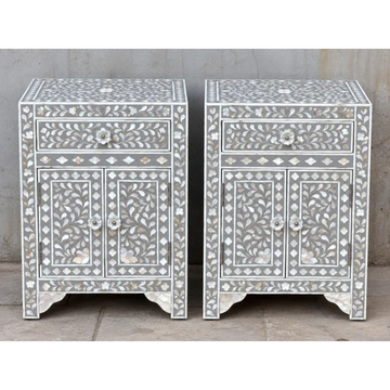 Set of 2 Grey Mother of Pearl Inlay Bedside Tables – Handmade Floral Nightstands with Drawer & Cabinet