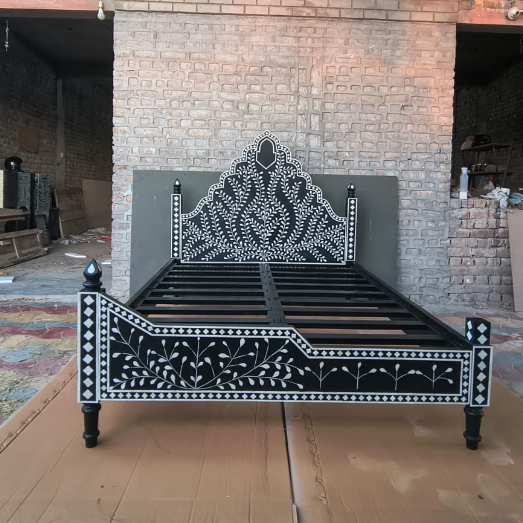 Black Bone Inlay Bed Frame Floral Handmade Luxury Bed King Queen Size Wooden Bed Frame Boho Chic Bedroom Furniture