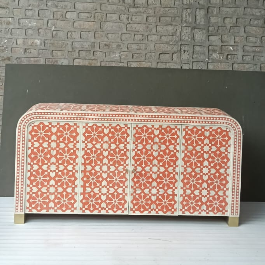 Handmade Bone Inlay Arrow Design Sideboard – Coral White Buffet Cabinet, Luxury Storage Credenza, Artisan Inlay Furniture