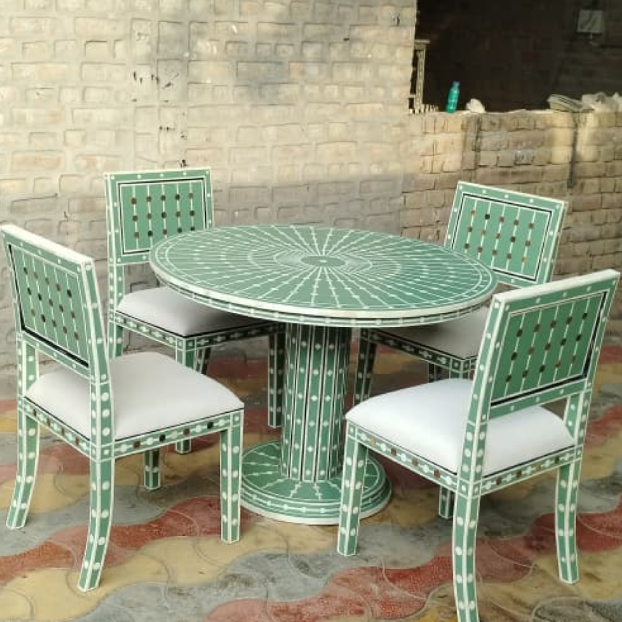 Bone Inlay Dining Table Handmade Luxury Dining Table Geometric Floral Inlay Table Wooden Dining Furniture Boho Chic Home