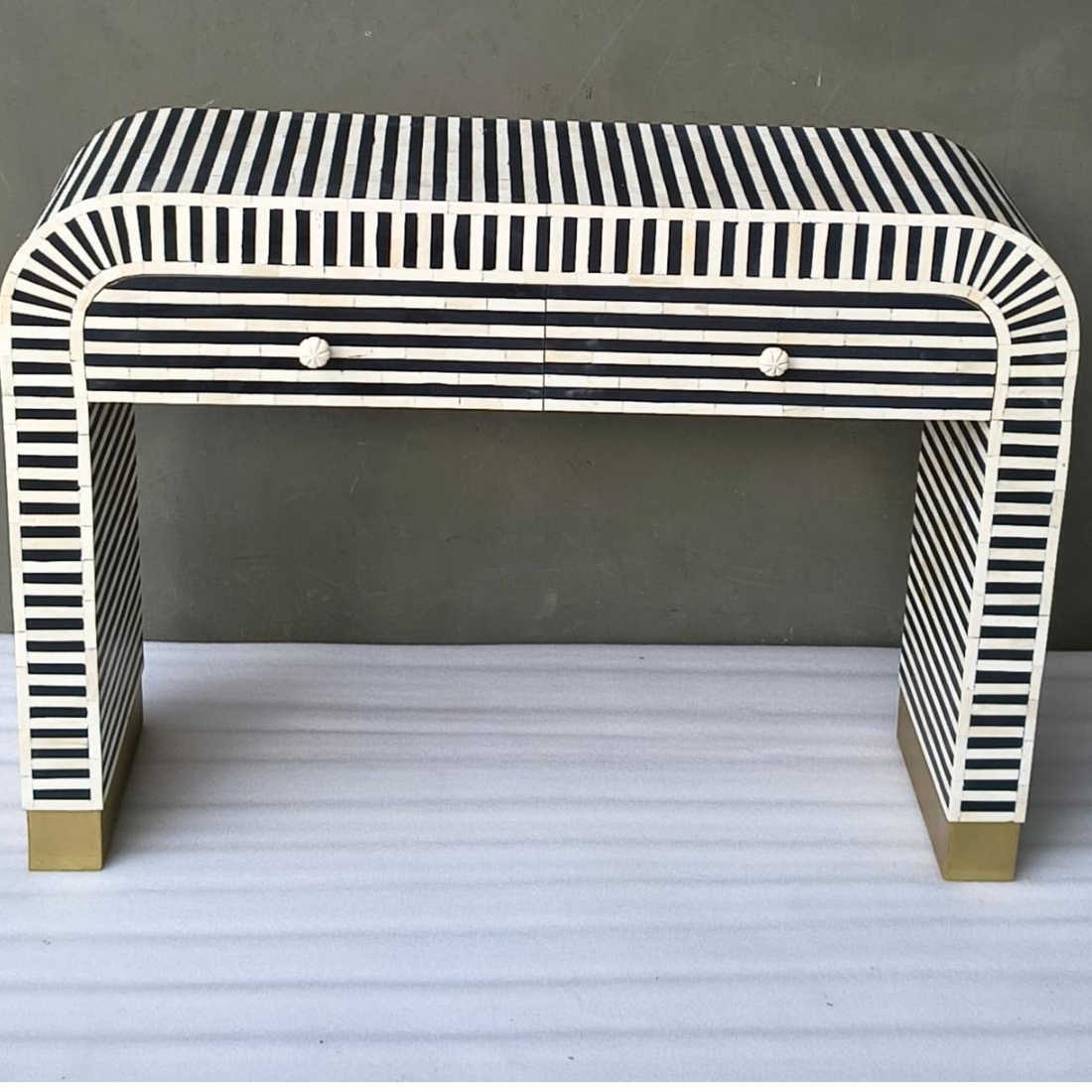 Handmade Bone Inlay Console Table – Black White Striped Entryway Table with Drawers, Modern Hallway Furniture