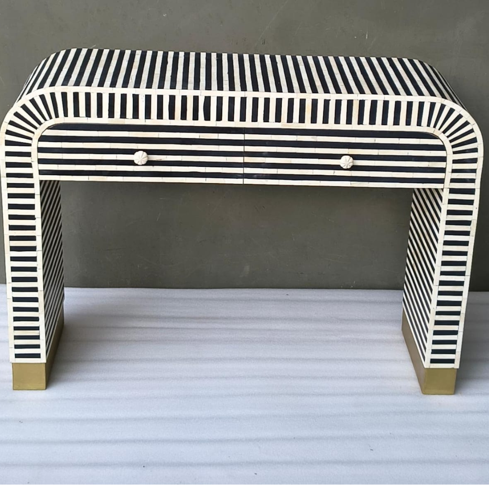 Handmade Bone Inlay Console Table – Black White Striped Entryway Table with Drawers, Modern Hallway Furniture