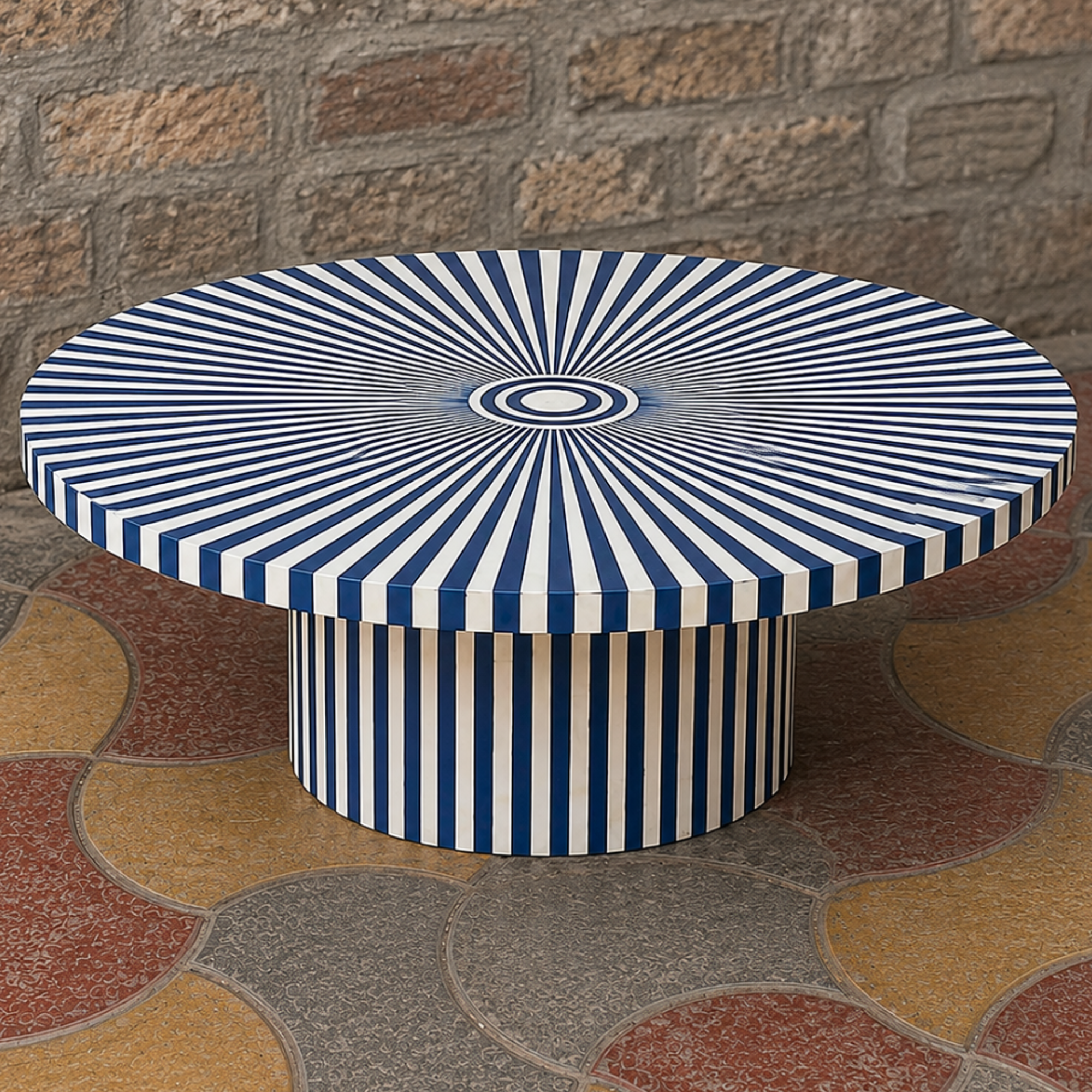 Blue & White Striped Bone Inlay Coffee Table – Handmade Round Center Table