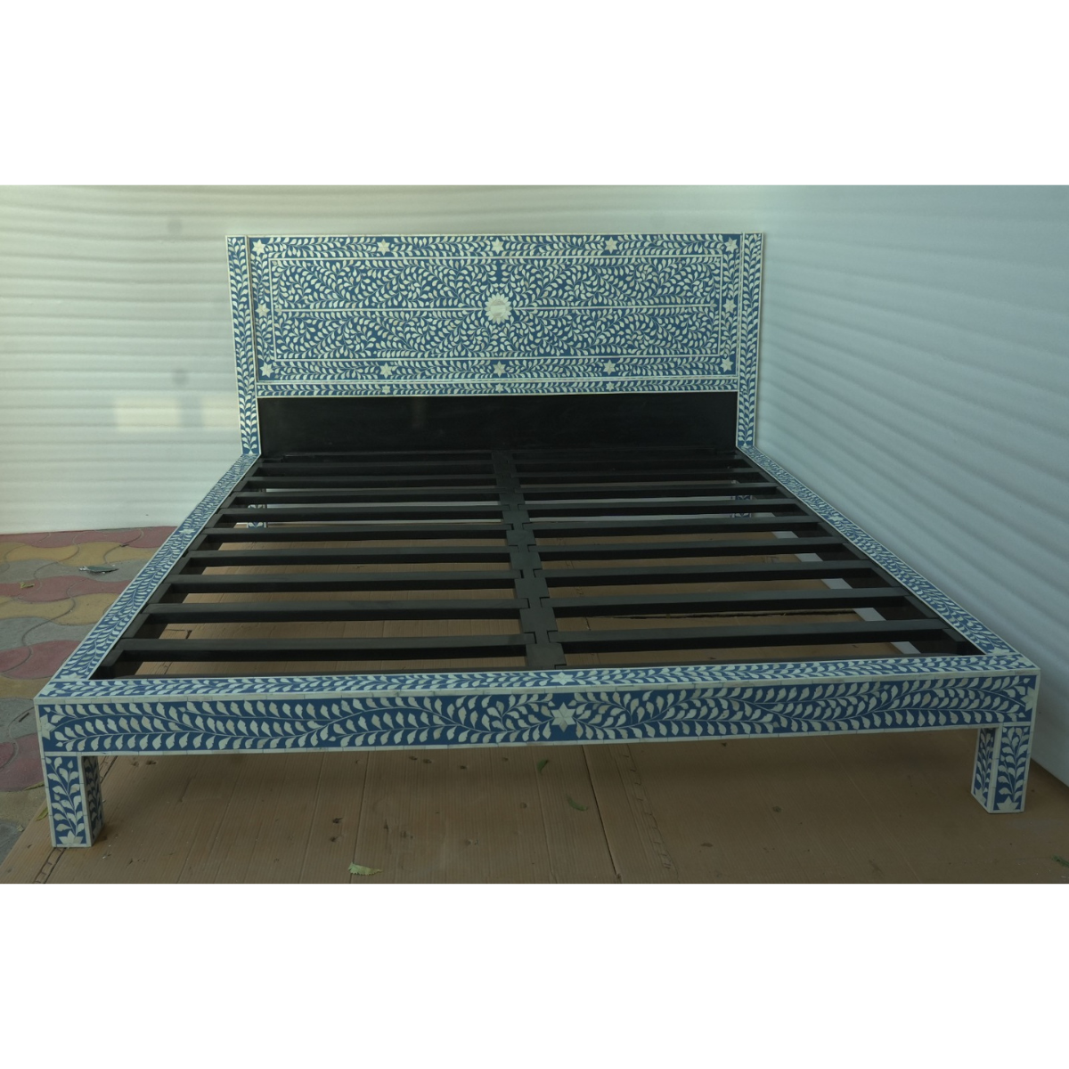 Handmade Blue & White Bone Inlay Bed – Floral Vine Platform Bed Frame