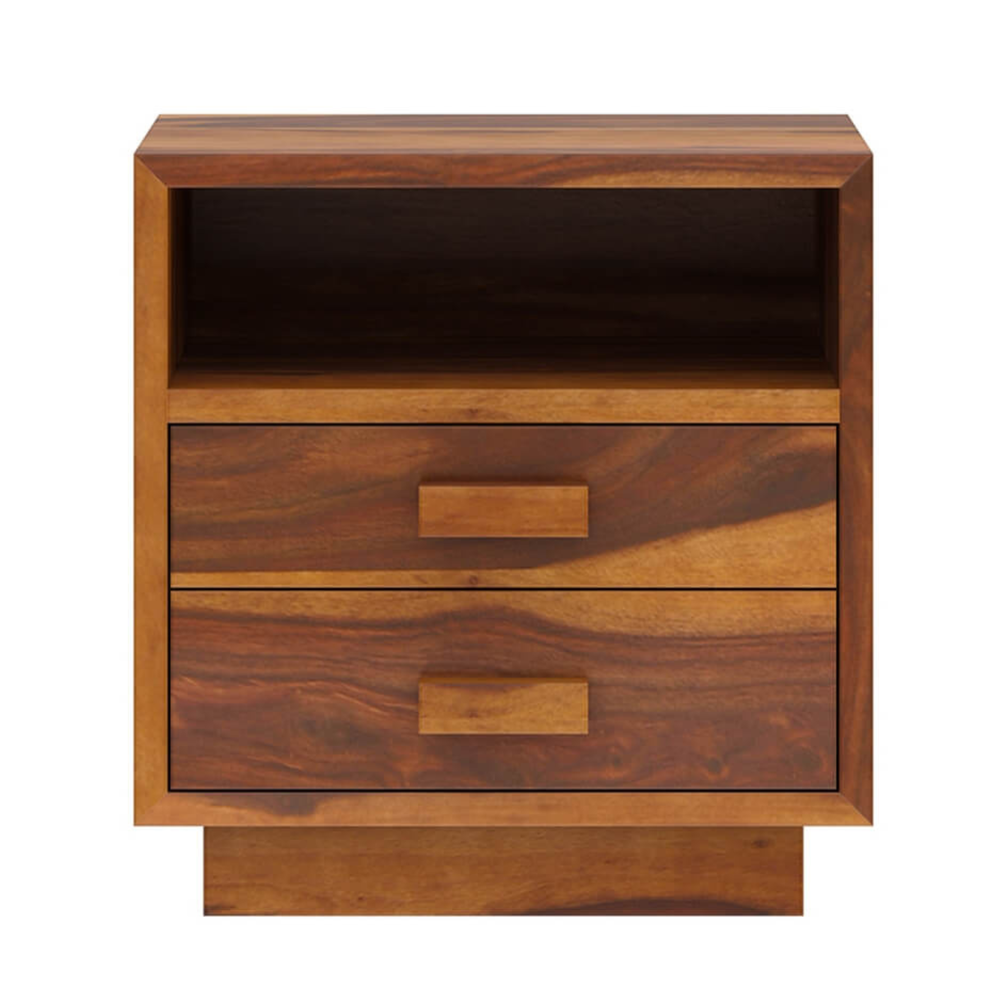 Modern Solid Wood Bedside Table with 2 Drawers & Open Shelf | Rustic Handmade Wooden Nightstand for Bedroom & Living Room