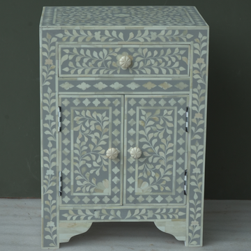 Handmade Bone Inlay Floral Bedside Table Grey White – Drawer & Cabinet Nightstand Luxury Furniture