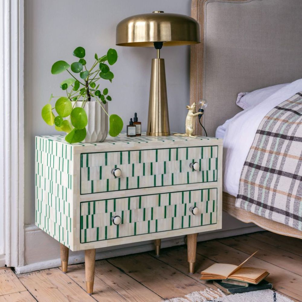 Handmade Bone Inlay Bedside Table Green Stripe Design 2 Drawer Nightstand Modern Wooden Furniture