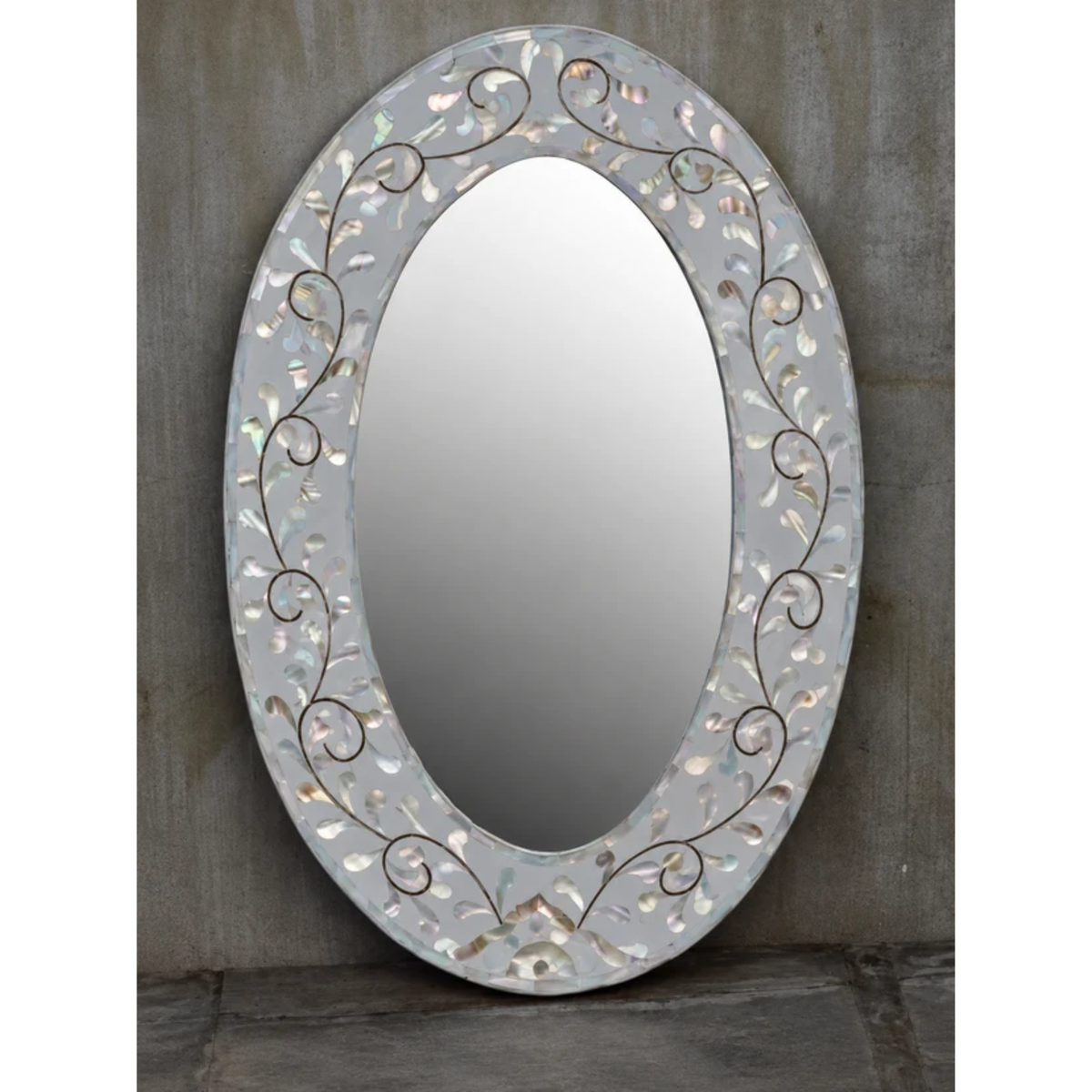 White Mother of Pearl Inlay Oval Mirror – Handmade Floral Vine Wall Mirror