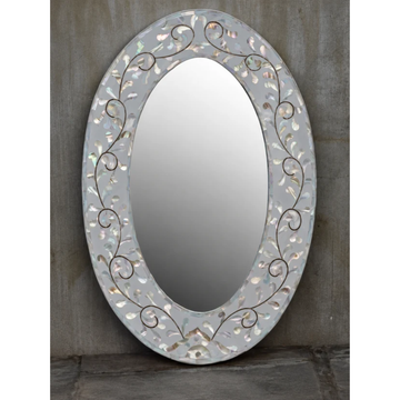 White Mother of Pearl Inlay Oval Mirror – Handmade Floral Vine Wall Mirror