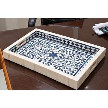 Handmade Blue & White Bone Inlay Serving Tray – Floral Leaf Design