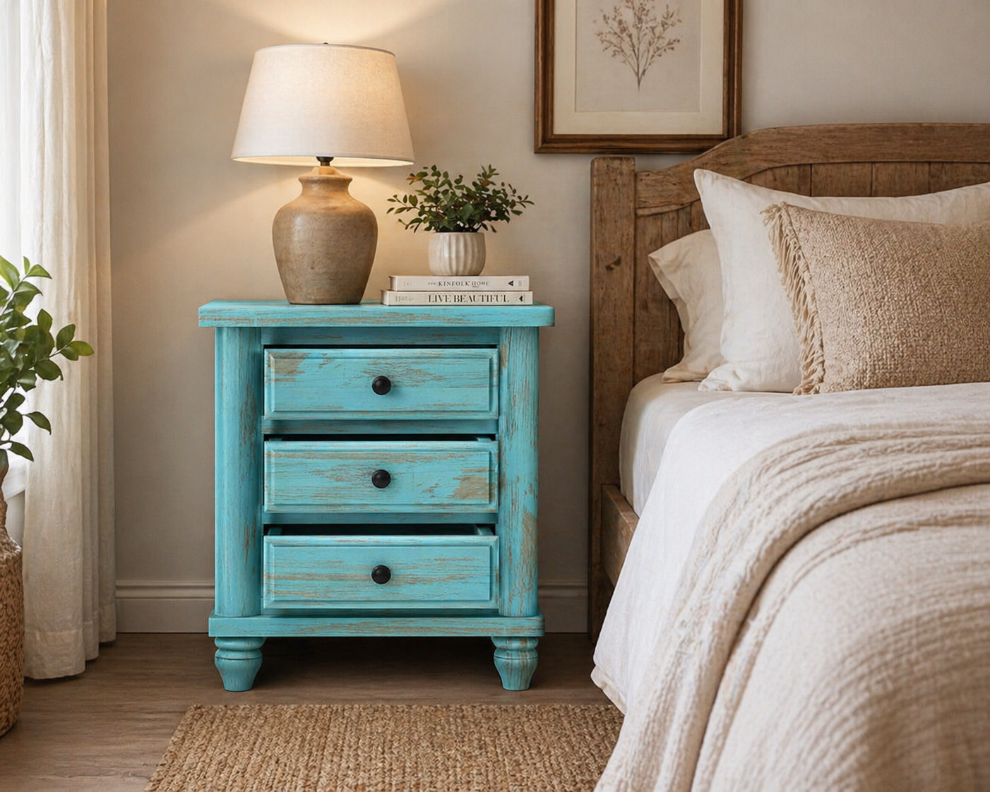 Distressed Turquoise Bedside Table with 3 Drawers | Vintage Wooden Nightstand | Rustic Farmhouse Side Table
