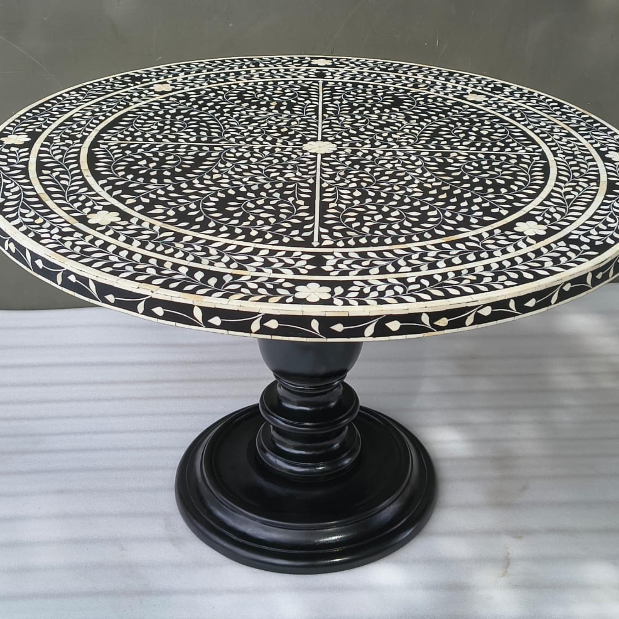 Handmade Bone Inlay Floral Dining Table – Black White Round Dining Table, Luxury Pedestal Table, Artisan Inlay Furniture