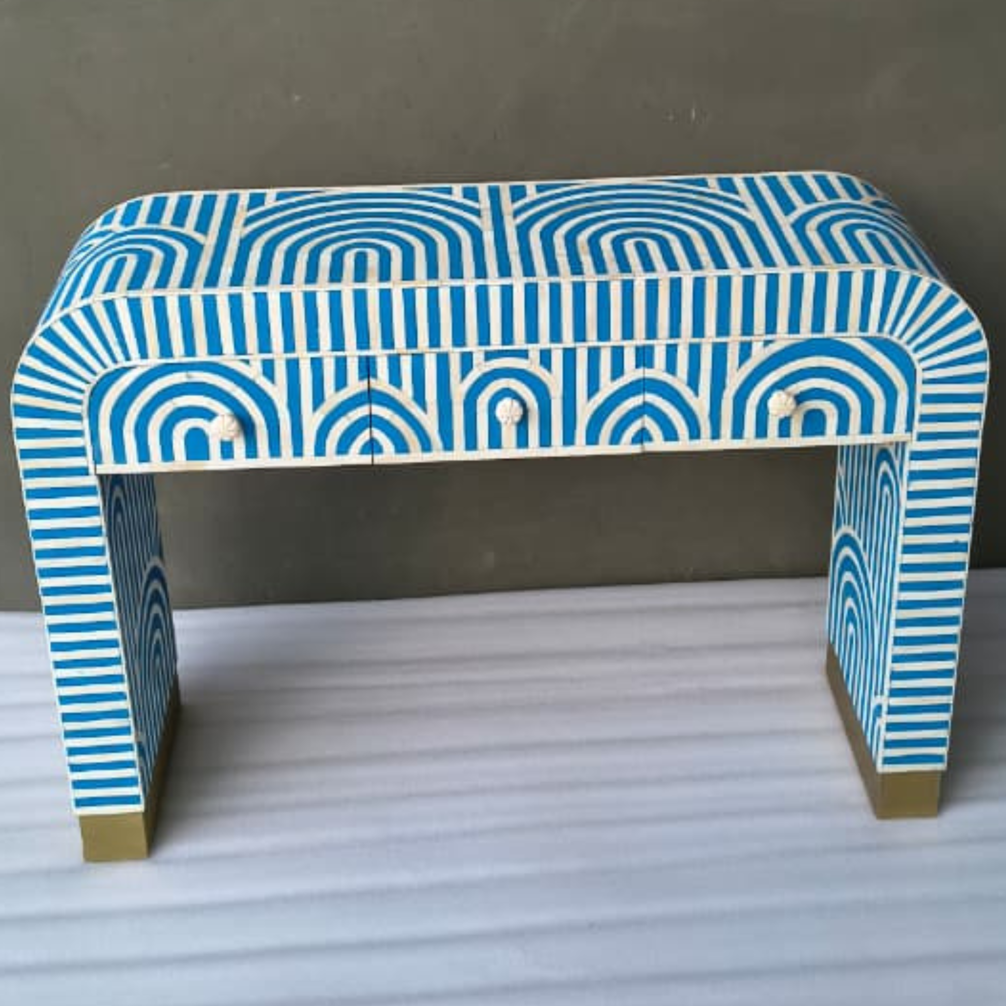 Handmade Bone Inlay 3 Drawer Console Table | Blue Striped Arch Design Entryway Table | Luxury Modern Hallway Furniture