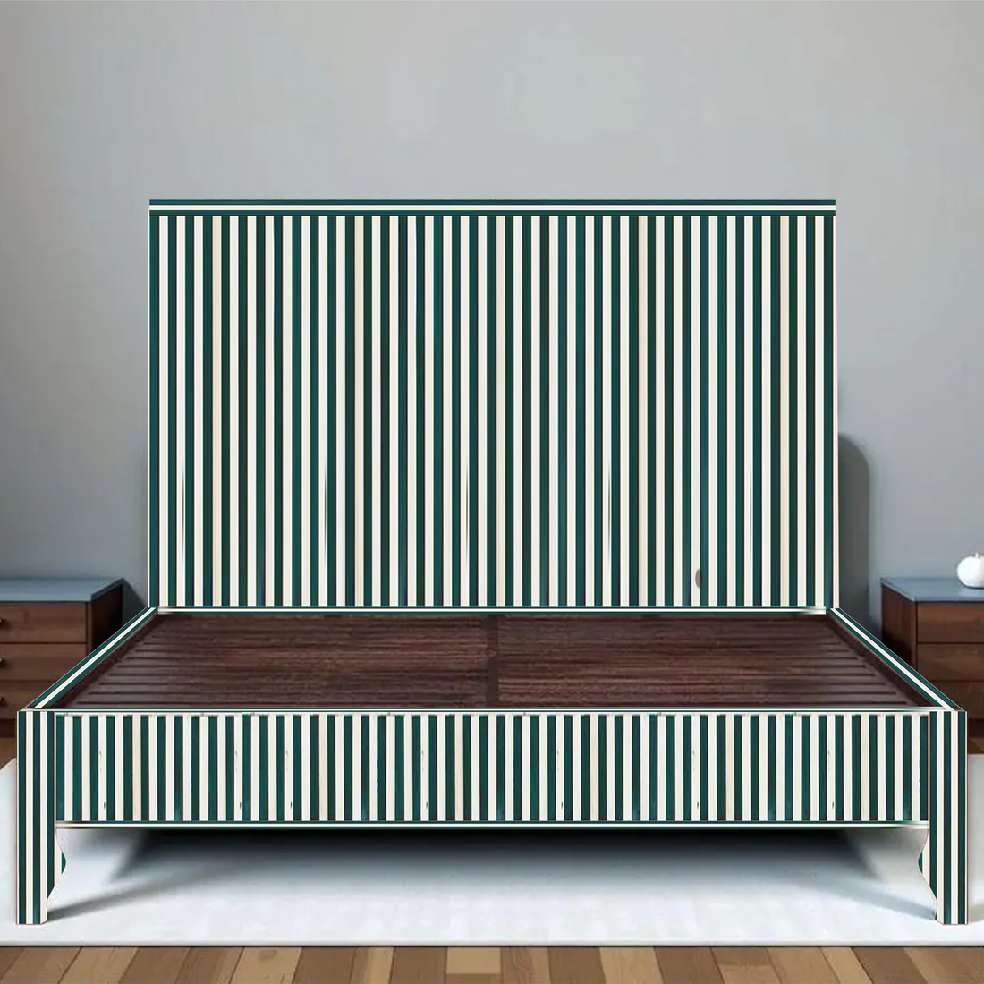 Black White Stripe Bone Inlay Bed Minimal Handmade Modern Platform Bed Frame
