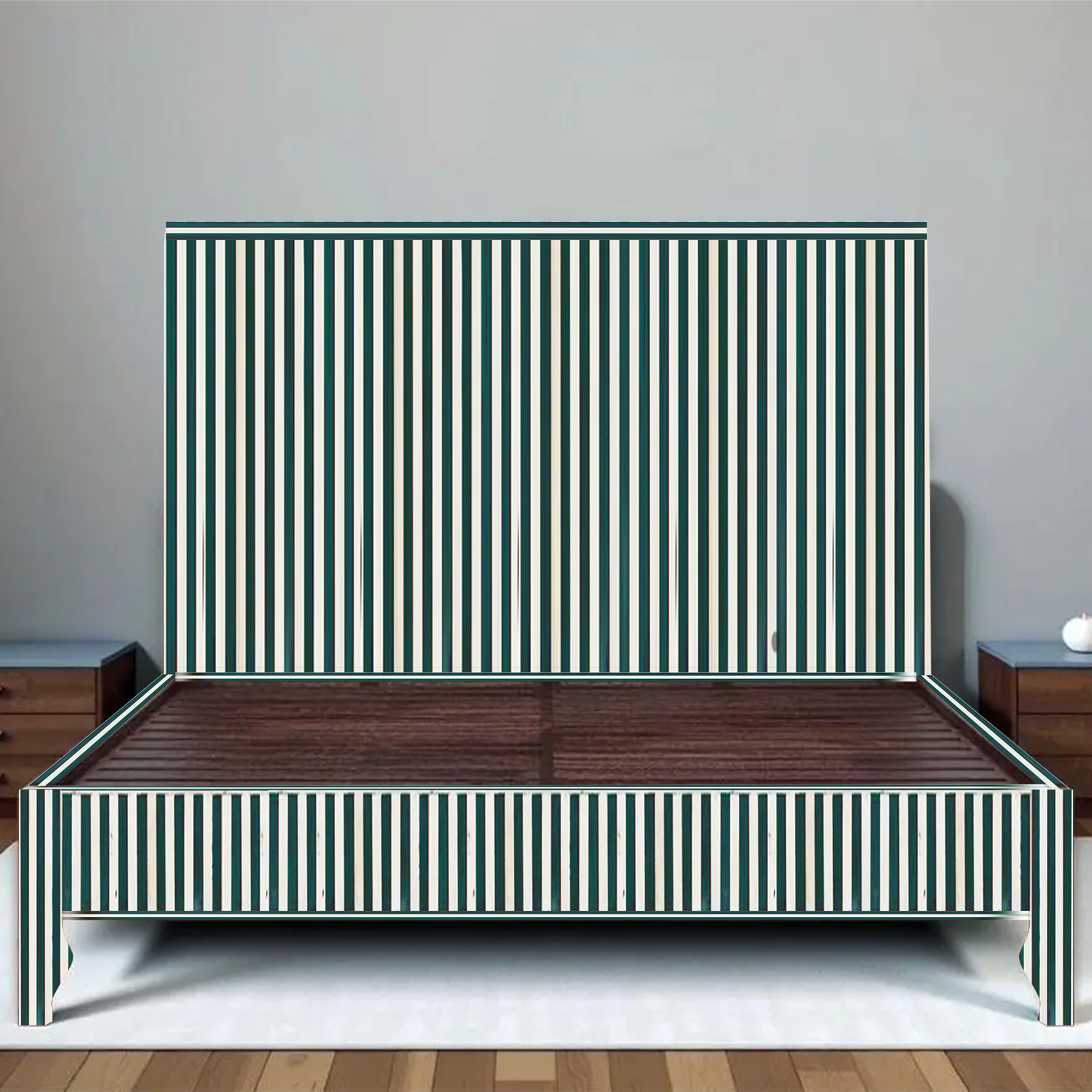Black White Stripe Bone Inlay Bed Minimal Handmade Modern Platform Bed Frame