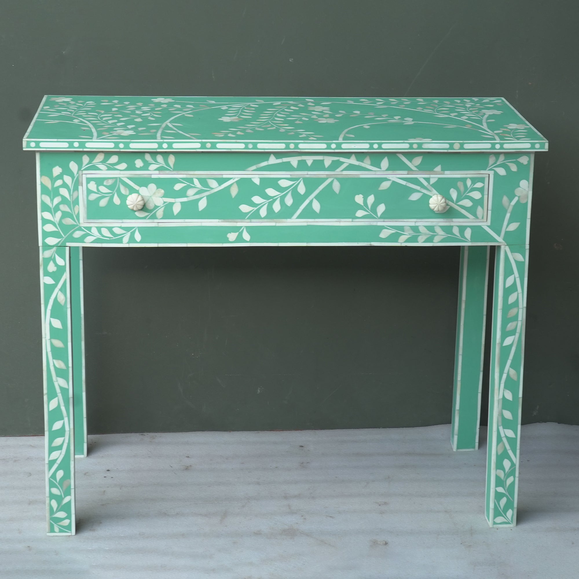 Handmade Bone Inlay Floral Console Table – Green White Entryway Table with Drawer, Luxury Hallway Furniture