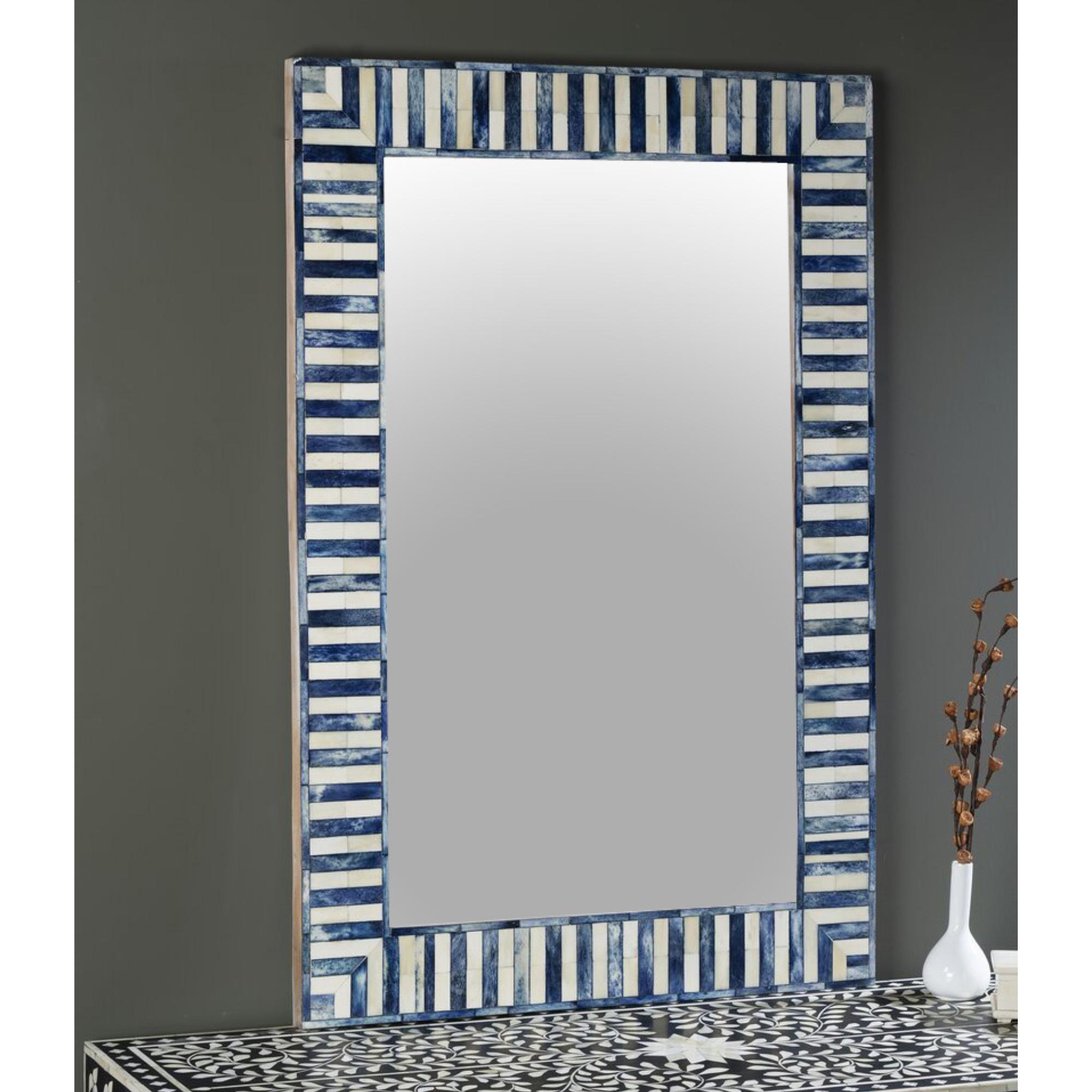 Handmade Blue Bone Inlay Mirror Frame | Luxury Striped Mosaic Wall Mirror | Indian Artisan Decorative Bathroom Vanity Mirror | Coastal Home Decor