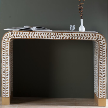 Handmade Floral Bone Inlay Arch Console Table | Curved Designer Console