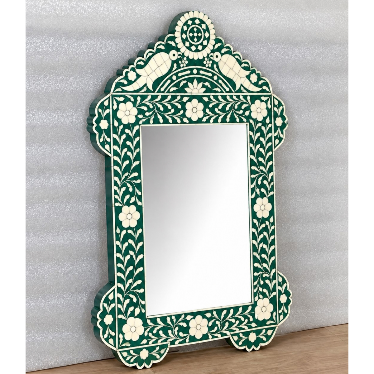 Handmade Green Floral Bone Inlay Mirror – Peacock Decorative Wall Mirror